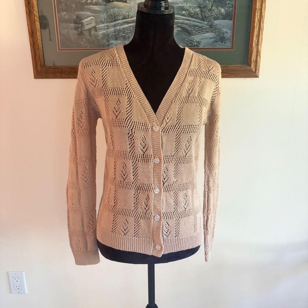 Vintage Pointelle Knit Cardigan Sweater Womens Small Tan Beige V-Neck Open Knit